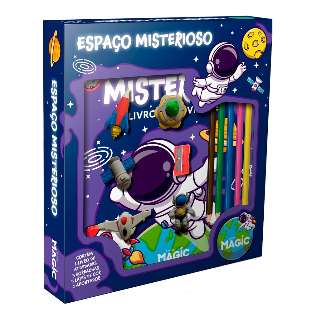 Kit de atividades Espaço Misterioso, caixa azul com borrachas de astronauta, lápis de cor e apontador. — Plenitude