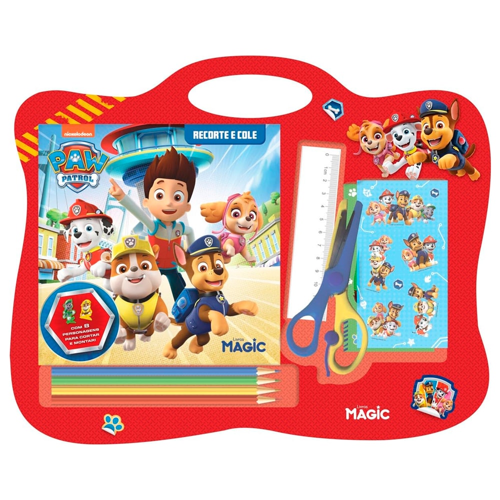 Kit Recorte e Cole Patrulha Canina, estojo vermelho com livro, tesoura, régua, lápis de cor e adesivos. — Plenitude