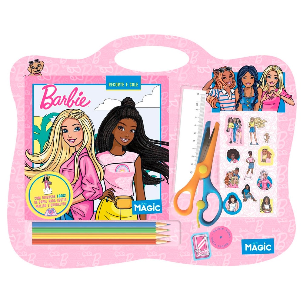Kit Recorte e Cole Barbie, estojo rosa com livro, tesoura, régua, lápis de cor e adesivos. — Plenitude