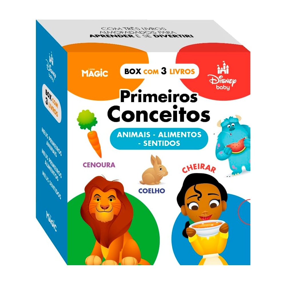 Box Disney Baby Primeiros Conceitos Animais, Alimentos e Sentidos, caixa branca com 3 livros. — Plenitude