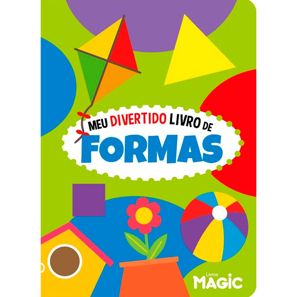 Livro Meu Divertido Livro de Formas, capa verde com formas geométricas coloridas. — Plenitude