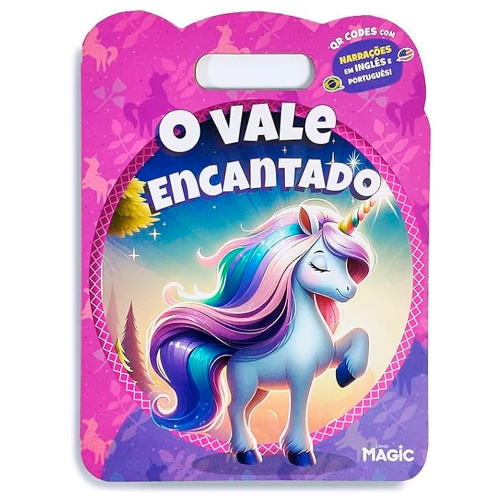 Livro O Vale Encantado, capa rosa com unicórnio, texto e narração em português e inglês. — Plenitude