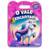 Livro O Vale Encantado, capa rosa com unicórnio, texto e narração em português e inglês. — Plenitude