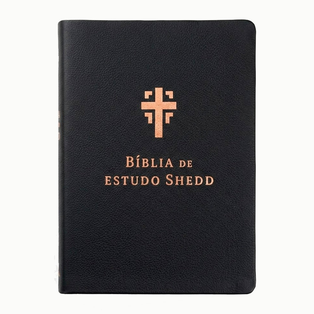 Bíblia de Estudo Shedd A21, capa de couro legítimo preta, com cruz e título em dourado. — Plenitude