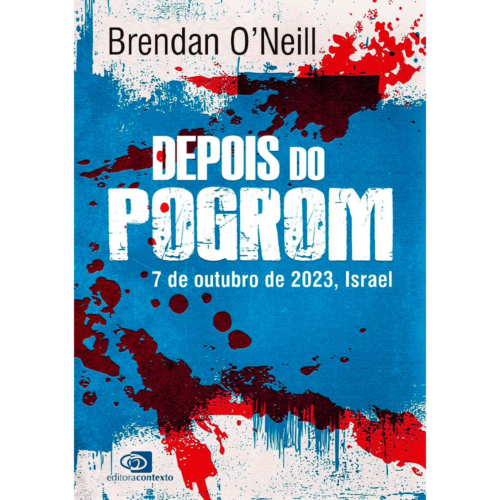 Capa do livro Depois do Pogrom, com fundo azul e vermelho manchado e título em branco. — Plenitude