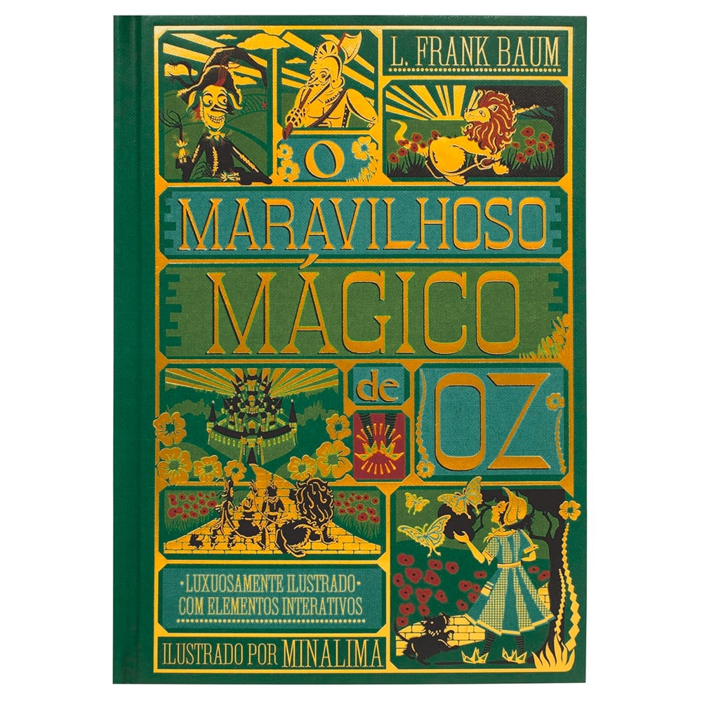 Livro O Maravilhoso Mágico de Oz de L. Frank Baum, edição de luxo ilustrada, capa verde com detalhes dourados. — Plenitude