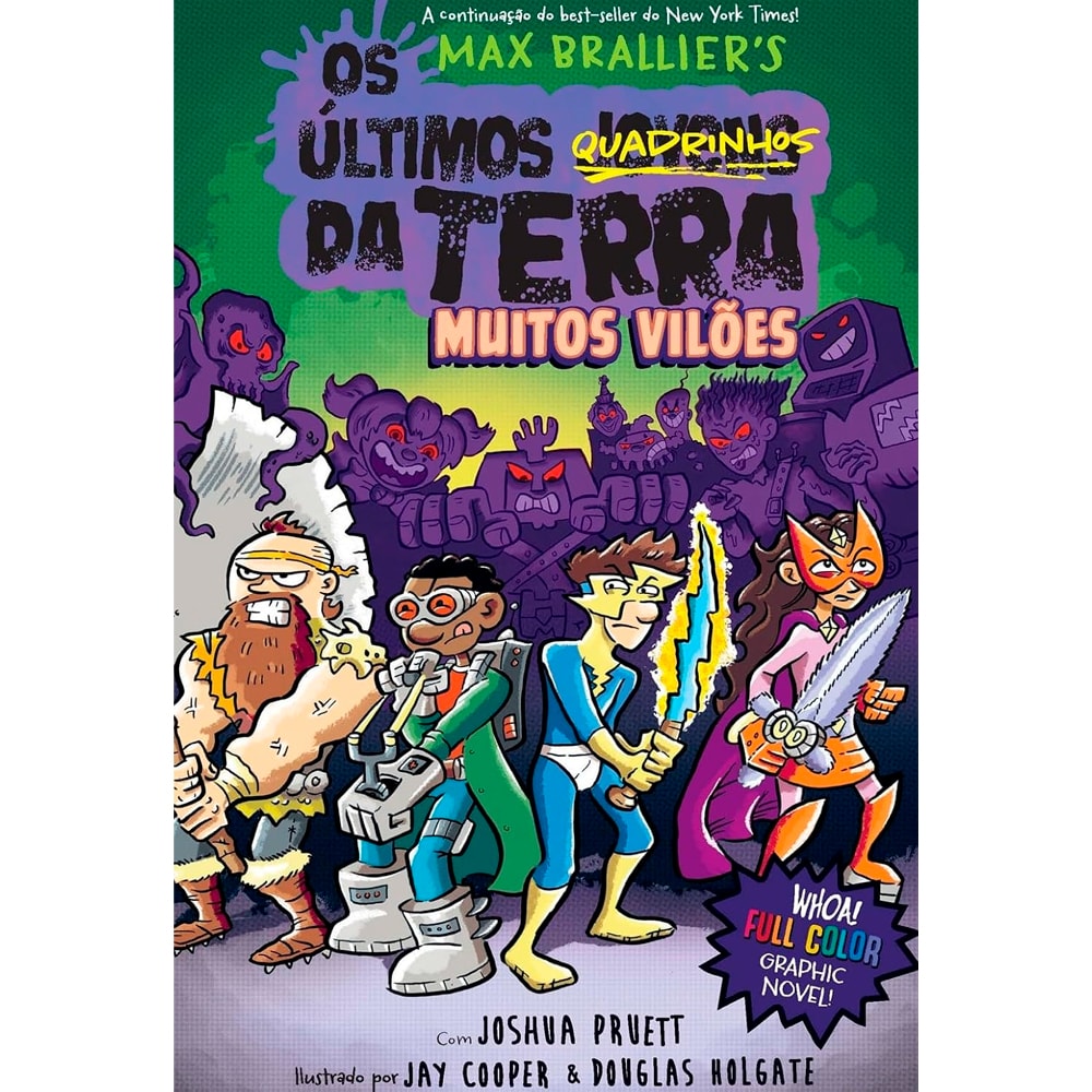 Livro "Os Últimos Quadrinhos da Terra Muitos Vilões Volume 2", capa colorida com personagens de quadrinhos. — Plenitude