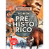 Capa da Enciclopédia do Homem Pré-Histórico, com homem das cavernas, mamute e dinossauro. — Plenitude