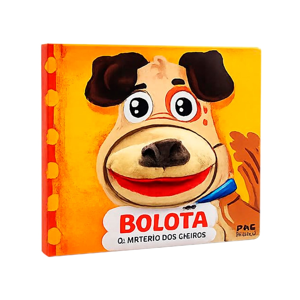 Livro fantoche "Bolota O Mistério dos Cheiros", capa amarela com um cachorro marrom. — Plenitude