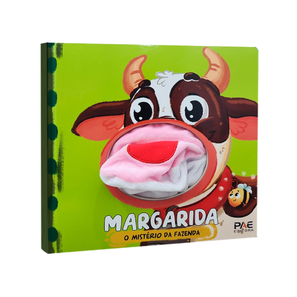 Livro fantoche "Margarida | O Mistério da Fazenda" com capa verde e uma vaca sorridente. — Plenitude