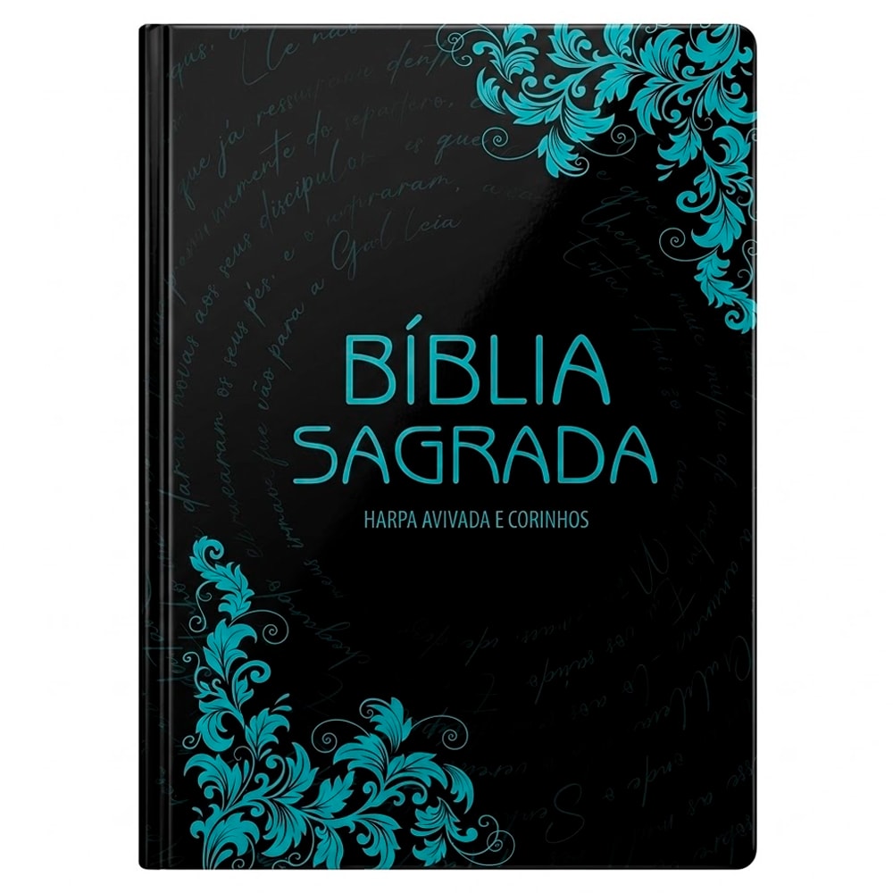 Bíblia Sagrada Harpa Avivada e Corinhos, capa dura preta com arabescos azuis e texto em azul. — Plenitude