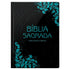 Bíblia Sagrada Harpa Avivada e Corinhos, capa dura preta com arabescos azuis e texto em azul. — Plenitude