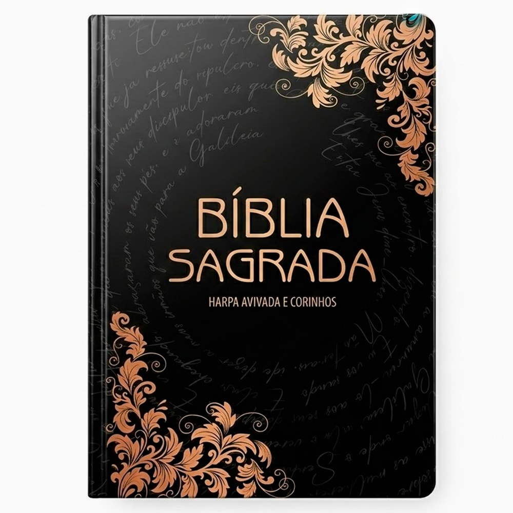 Bíblia Sagrada Harpa Avivada e Corinhos, capa dura preta com arabescos bronze e texto manuscrito. — Plenitude