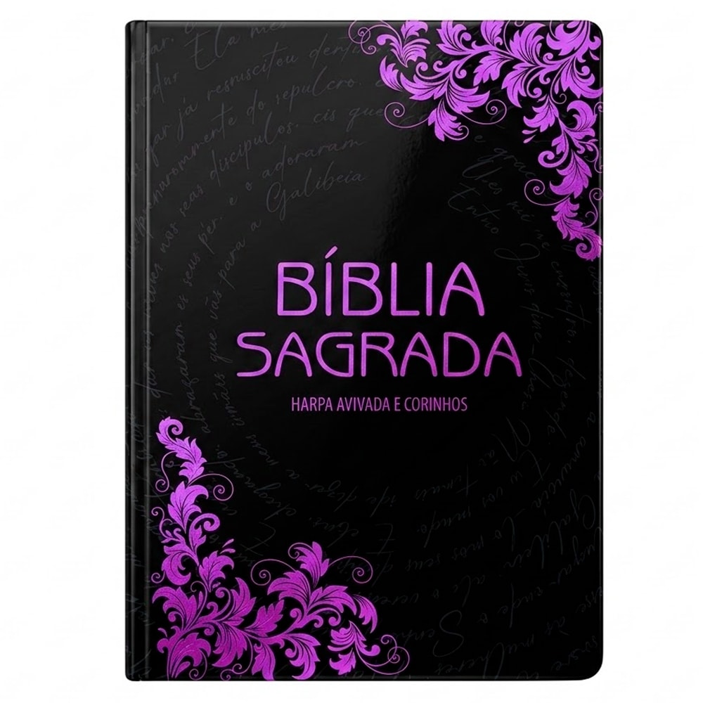 Bíblia Sagrada capa dura preta com arabescos lilás, Harpa Avivada e Corinhos. — Plenitude