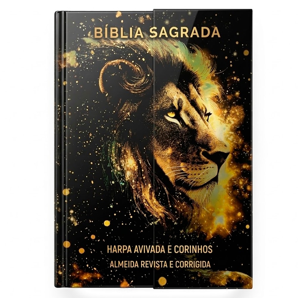 Bíblia Sagrada Leão Dourado, ARC, capa dura preta com leão dourado, Harpa Avivada e Corinhos. — Plenitude