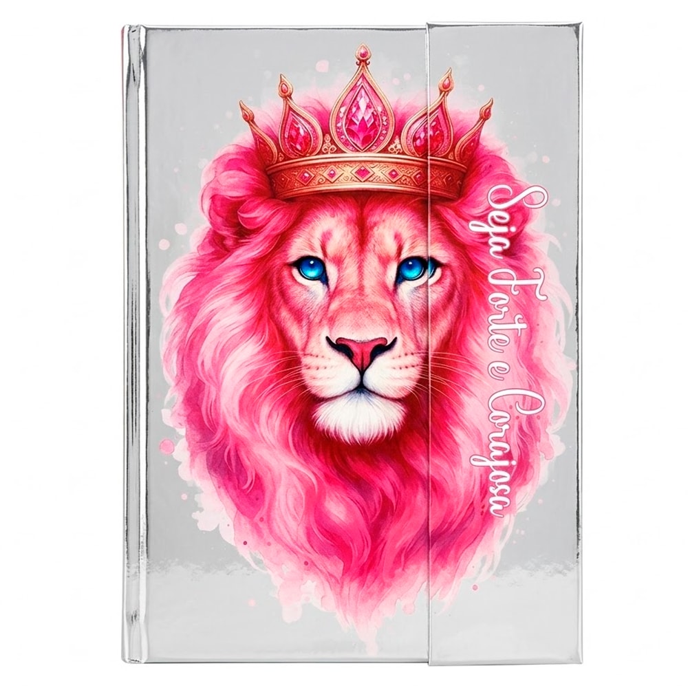 Bíblia Sagrada ARC, capa dura carteira prateada com leoa rosa de coroa e olhos azuis, "Seja Forte e Corajosa" — Plenitude.