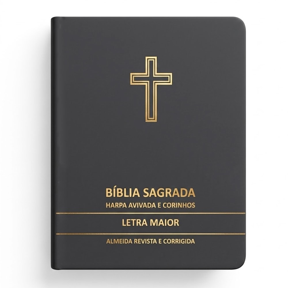 Bíblia Sagrada ARC Letra Maior, capa cinza premium com cruz dourada, Harpa Avivada e Corinhos. — Plenitude