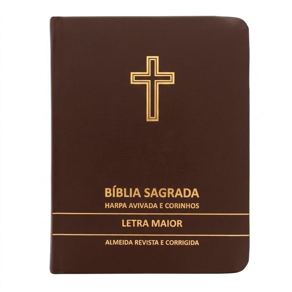 Bíblia Sagrada marrom com cruz dourada, Letra Maior, Harpa Avivada e Corinhos, Almeida Revista e Corrigida. — Plenitude