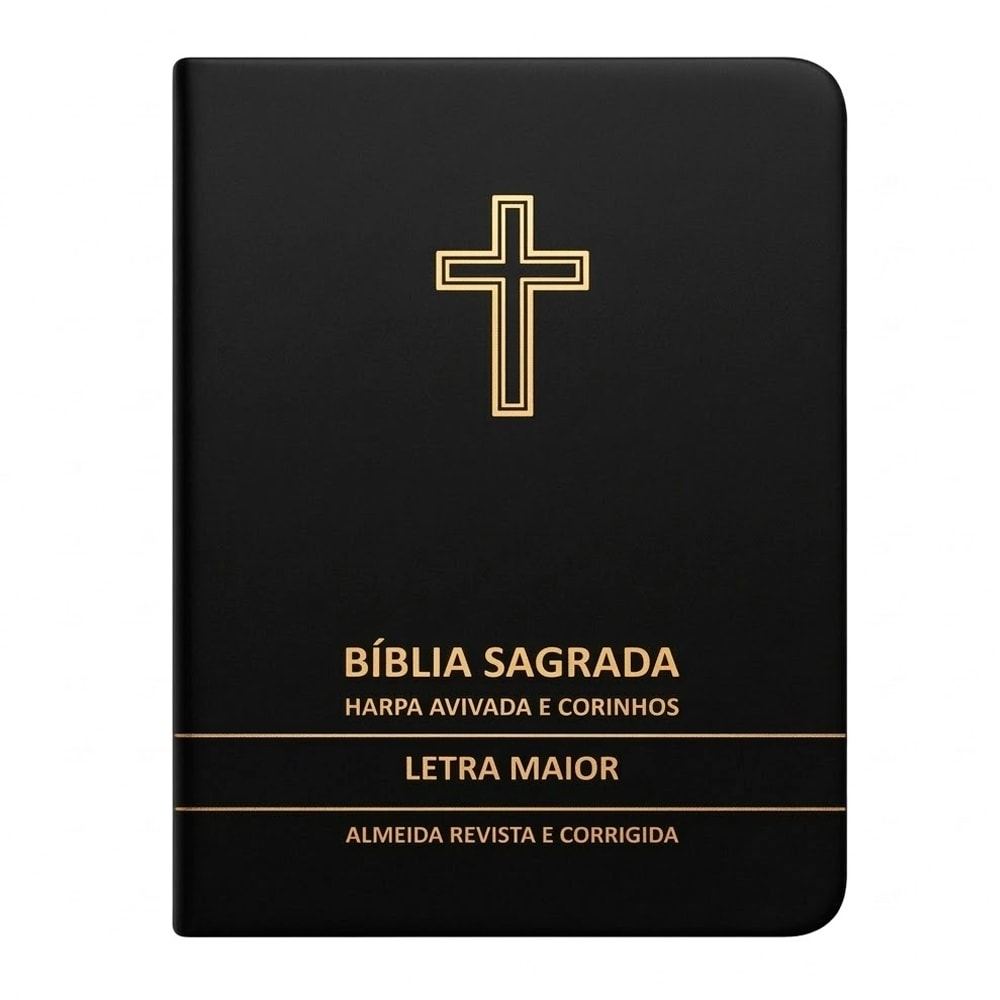 Bíblia Sagrada preta com cruz dourada, letra maior, Harpa Avivada e Corinhos, Almeida Revista e Corrigida. — Plenitude