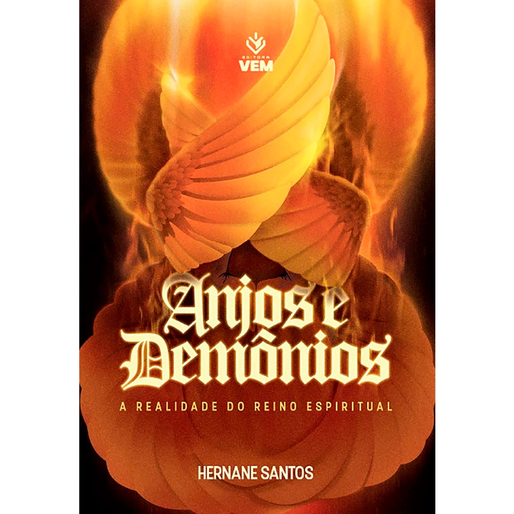 Livro Anjos e Demônios de Hernane Santos, capa com asas angelicais em tons de laranja. — Plenitude