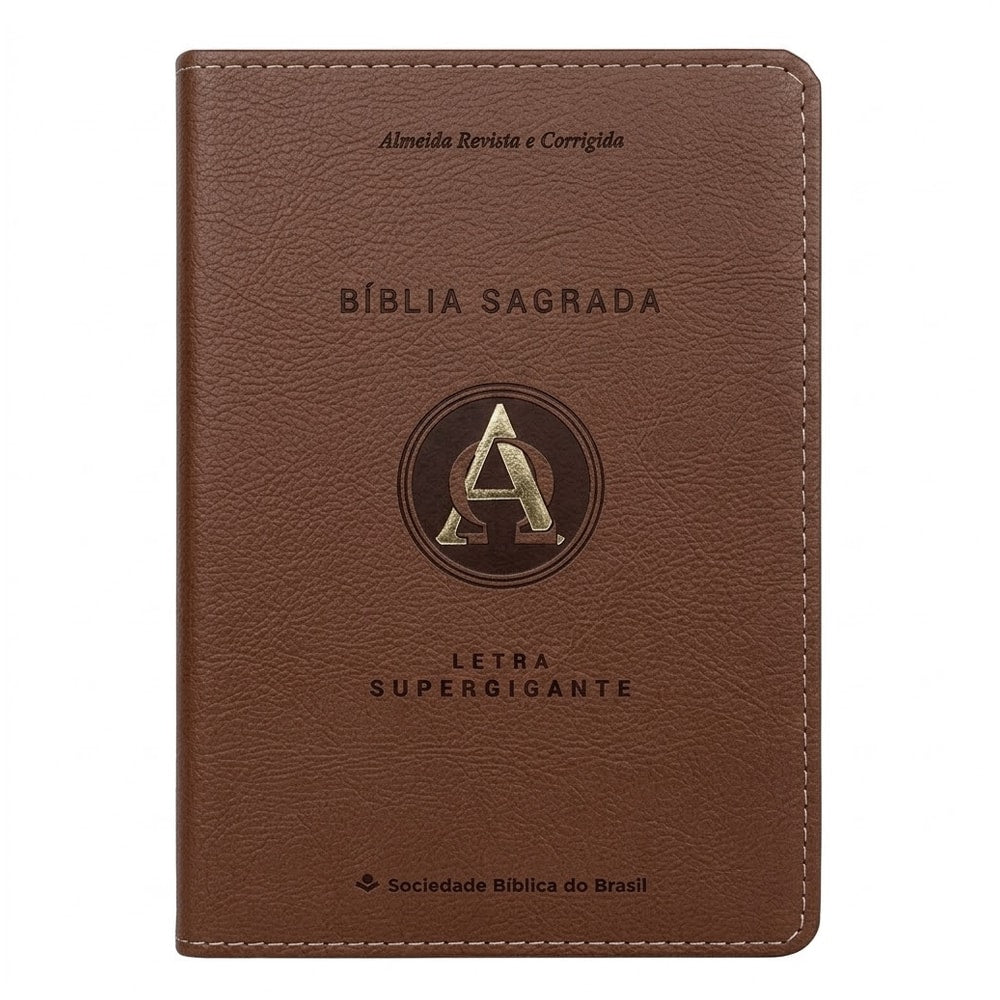 Bíblia Sagrada marrom, Almeida Revista e Corrigida, letra supergigante, com símbolo Alfa e Ômega na capa. — Plenitude