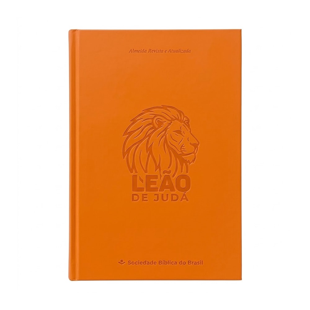 Bíblia Sagrada Leão de Judá, ARA, capa dura laranja com relevo de leão e texto "Leão de Judá" — Plenitude
