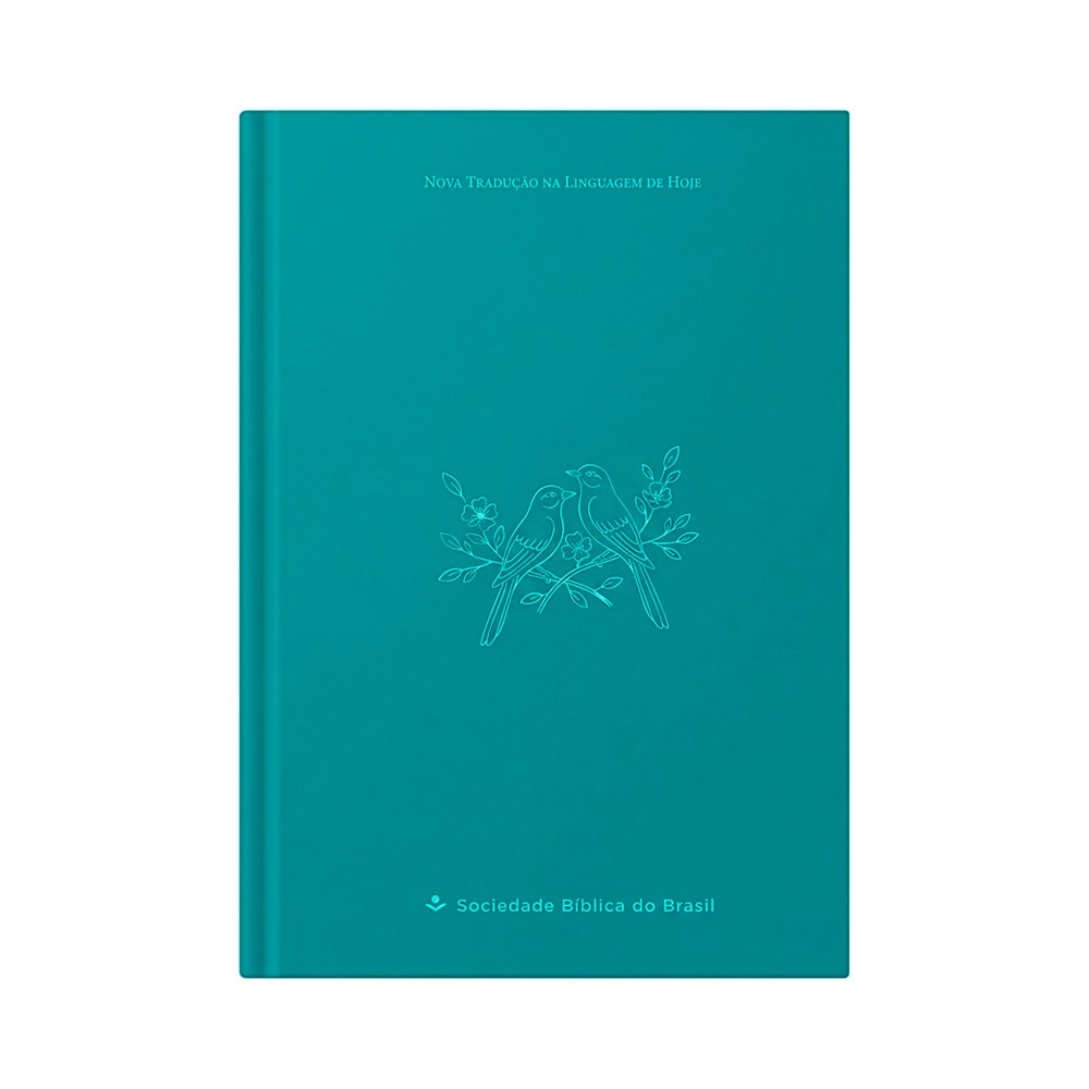 Bíblia Sagrada NTLH, capa dura azul claro com ilustração de dois pássaros em galho florido e logo SBB. — Plenitude
