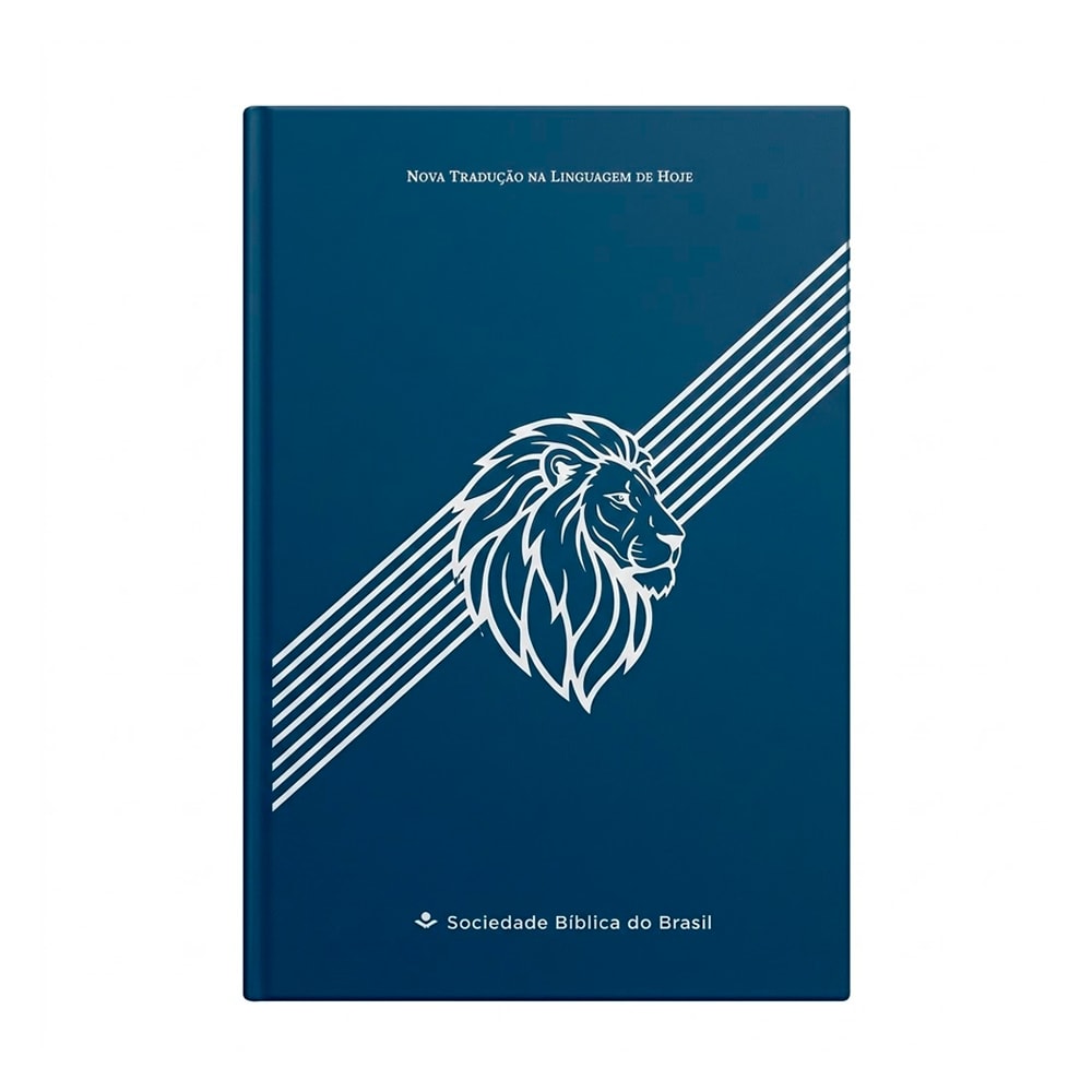 Bíblia Sagrada NTLH, capa dura azul escuro com ilustração de leão branco e listras. — Plenitude.