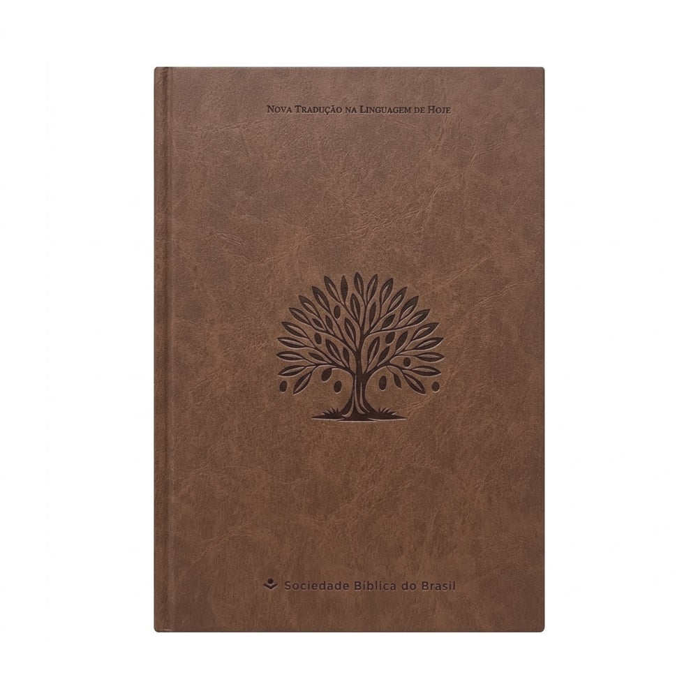 Bíblia NTLH, capa dura marrom com árvore em relevo. — Plenitude