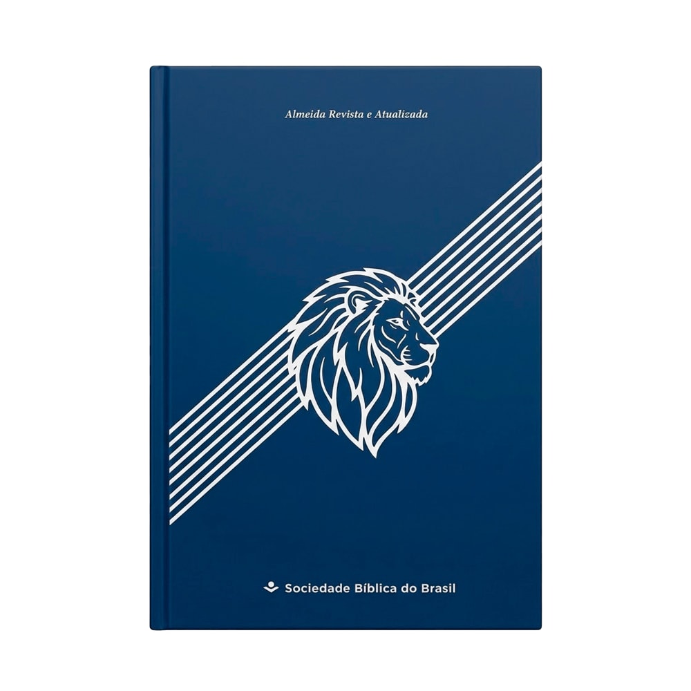 Bíblia Sagrada Leão, Almeida Revista e Atualizada, capa dura azul escuro com ilustração de leão branco. — Plenitude