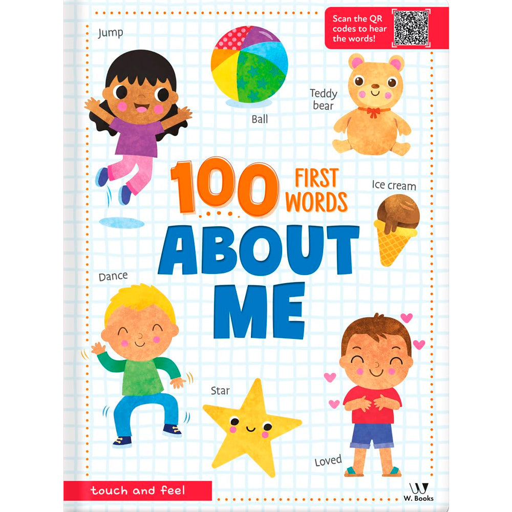 Livro infantil 100 First Words About Me, capa branca com desenhos coloridos. — Plenitude