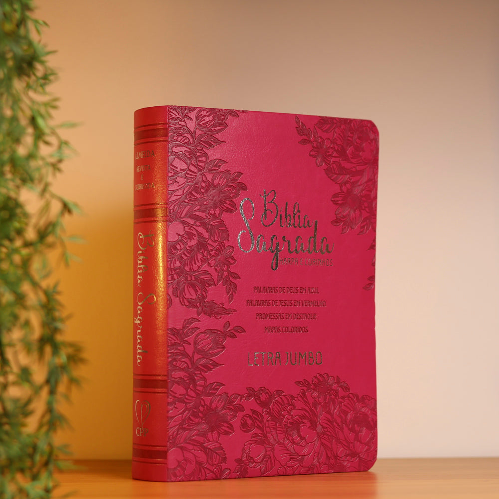 Bíblia Sagrada Letra Jumbo | ARC | Harpa Avivada e Corinhos | Capa PU Luxo Jardim Pink
