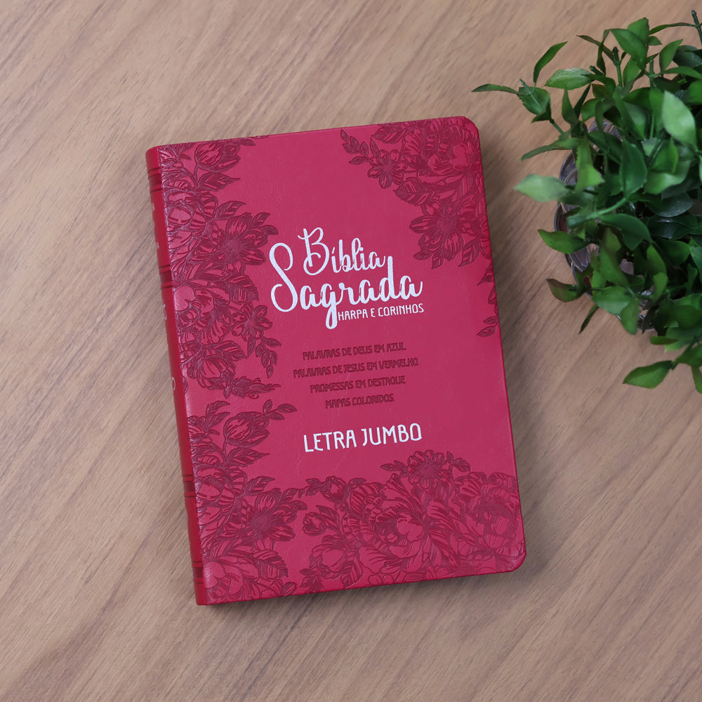 Bíblia Sagrada Letra Jumbo | ARC | Harpa Avivada e Corinhos | Capa PU Luxo Jardim Pink