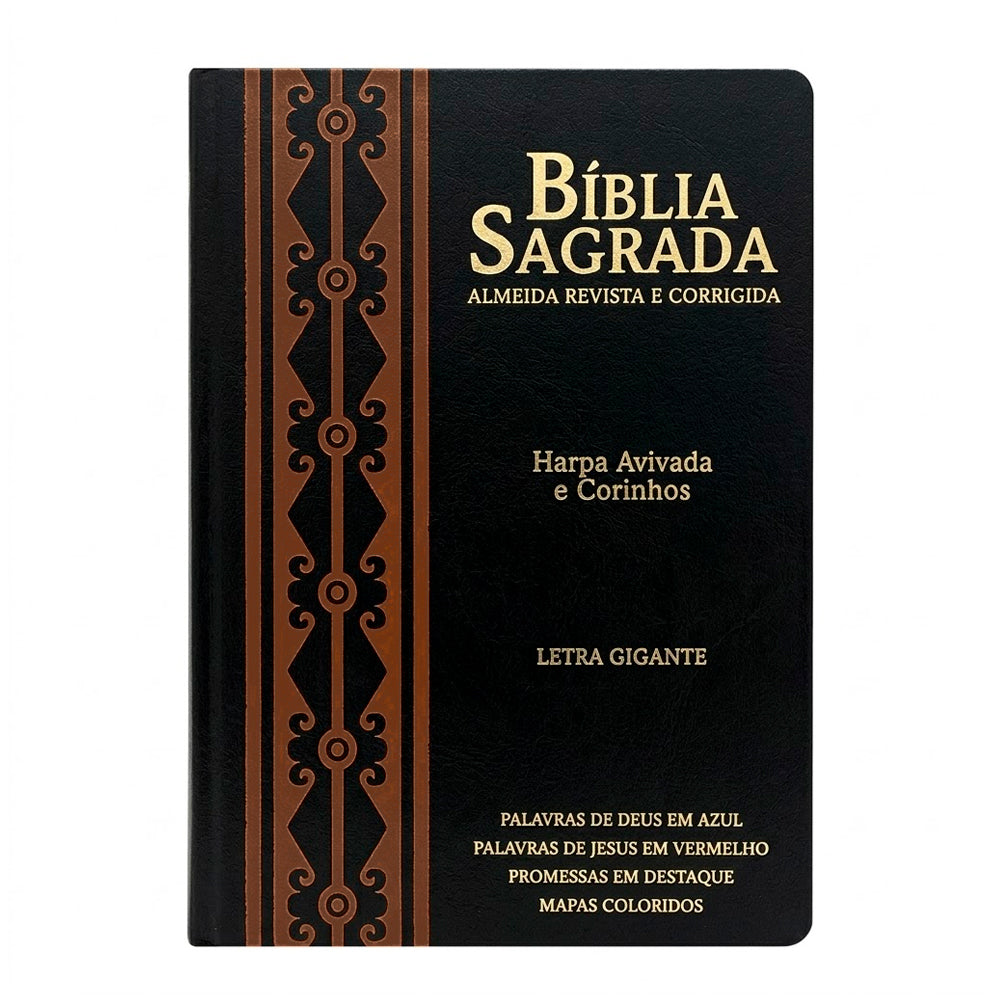 Bíblia Sagrada ARC Letra Gigante preta com detalhes arabescos em bordô, Harpa Avivada e Corinhos. — Plenitude