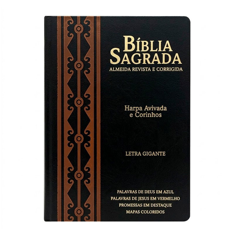 Bíblia Sagrada | Letra Gigante | ARC | Harpa Avivada e Corinhos | Capa PU Luxo Arabesco Preto e Bord