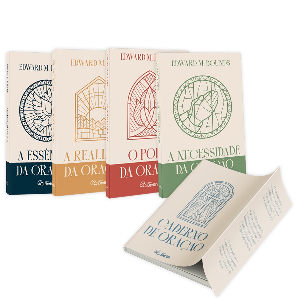 Box Vida de Oração de Edward M. Bounds, com quatro livros e um caderno de oração, capas em tons pastéis — Plenitude