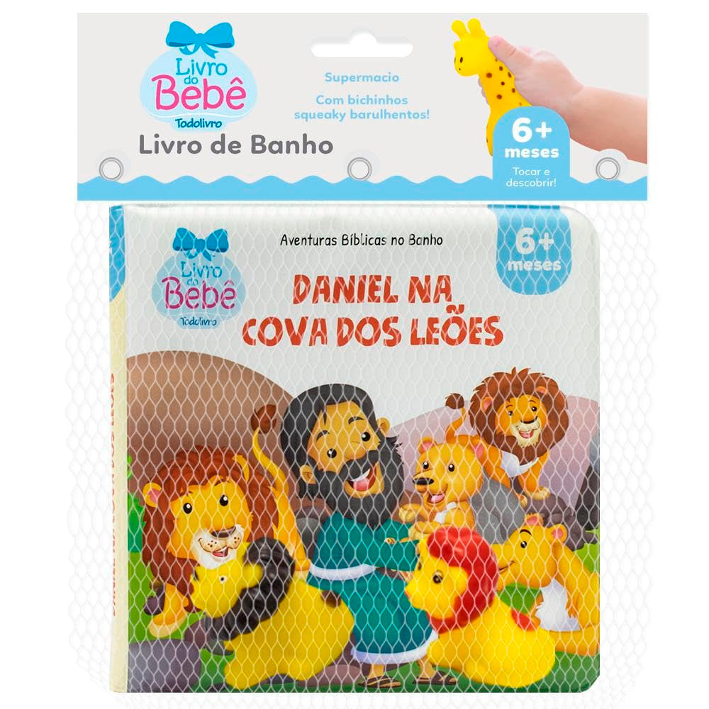 Livro de Banho Aventuras Bíblicas no Banho, Daniel na Cova dos Leões, com bichinhos. — Plenitude