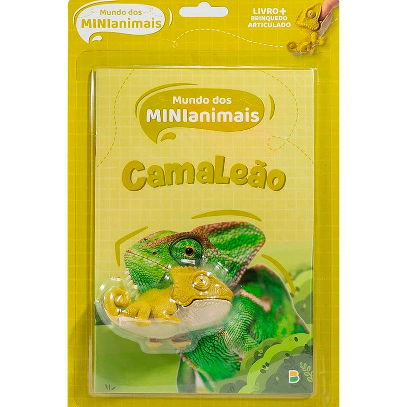 Livro Mundo dos Minianimais, Camaleão, livro infantil com brinquedo articulado, embalagem amarela — Plenitude