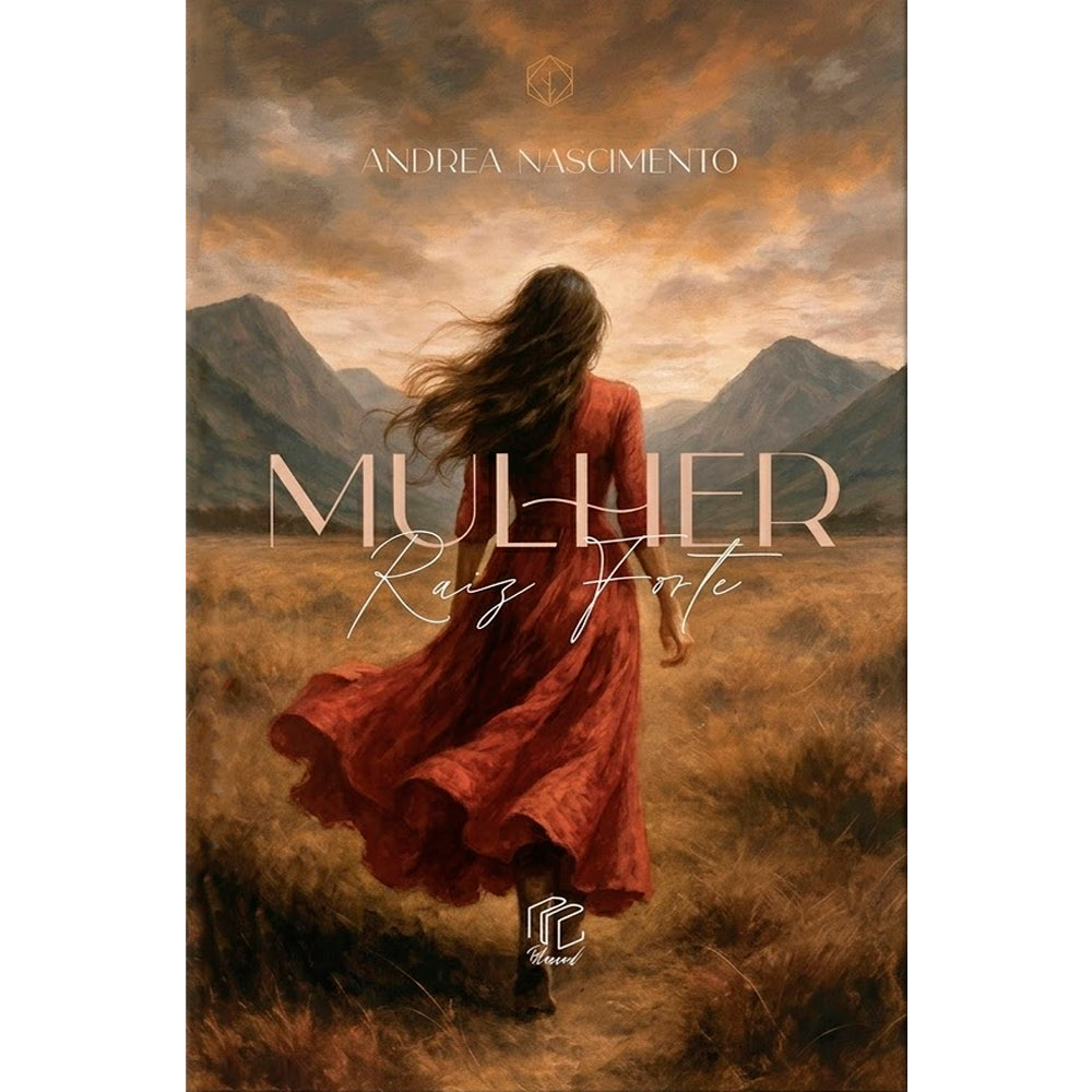 Capa do livro "Mulher Raiz Forte" com uma mulher de vestido vermelho em paisagem montanhosa. — Plenitude