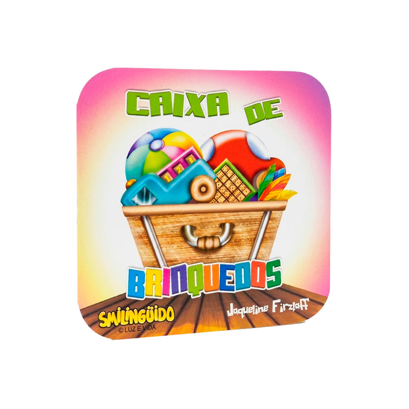 Mini Livro Caixa de Brinquedos, Smilinguido, capa rosa com caixa de brinquedos. — Plenitude