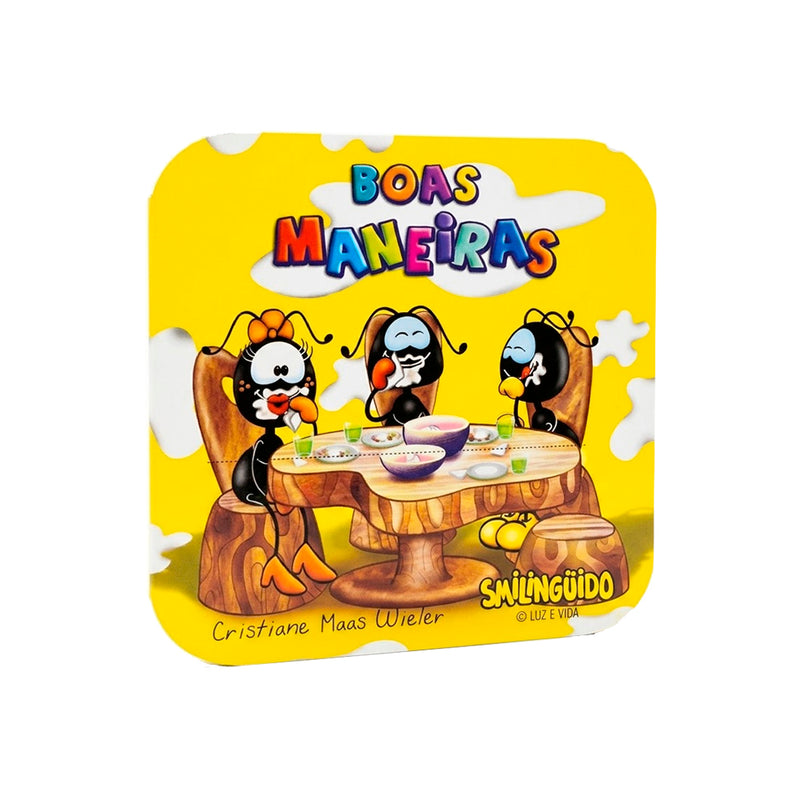 Mini Livro Boas Maneiras, Smilinguido, capa amarela com formigas à mesa. — Plenitude