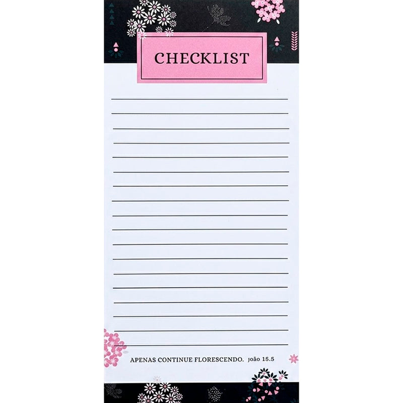 Bloco de Anotações Checklist, com fundo preto e flores rosas. — Plenitude