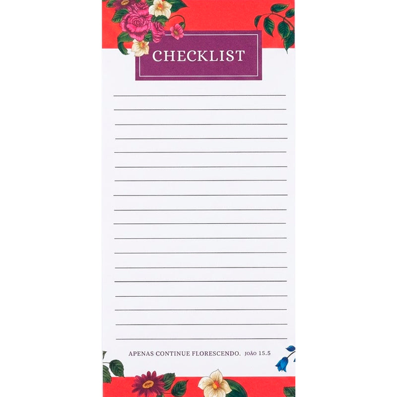 Bloco de Anotações Checklist, com fundo vermelho e flores laranjas. — Plenitude