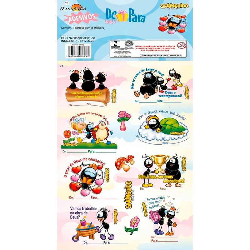 Cartela de adesivos Stickers Smilinguido nº 21, com 8 adesivos de formigas e frases. — Plenitude