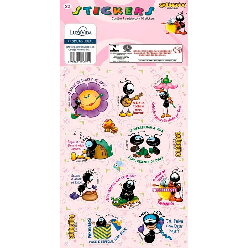 Cartela de adesivos Stickers Smilinguido nº 22, com 10 adesivos de formigas e frases. — Plenitude