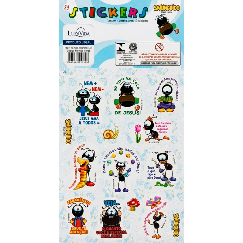 Cartela de adesivos Stickers Smilinguido nº 23, com 10 adesivos de formigas e frases. — Plenitude