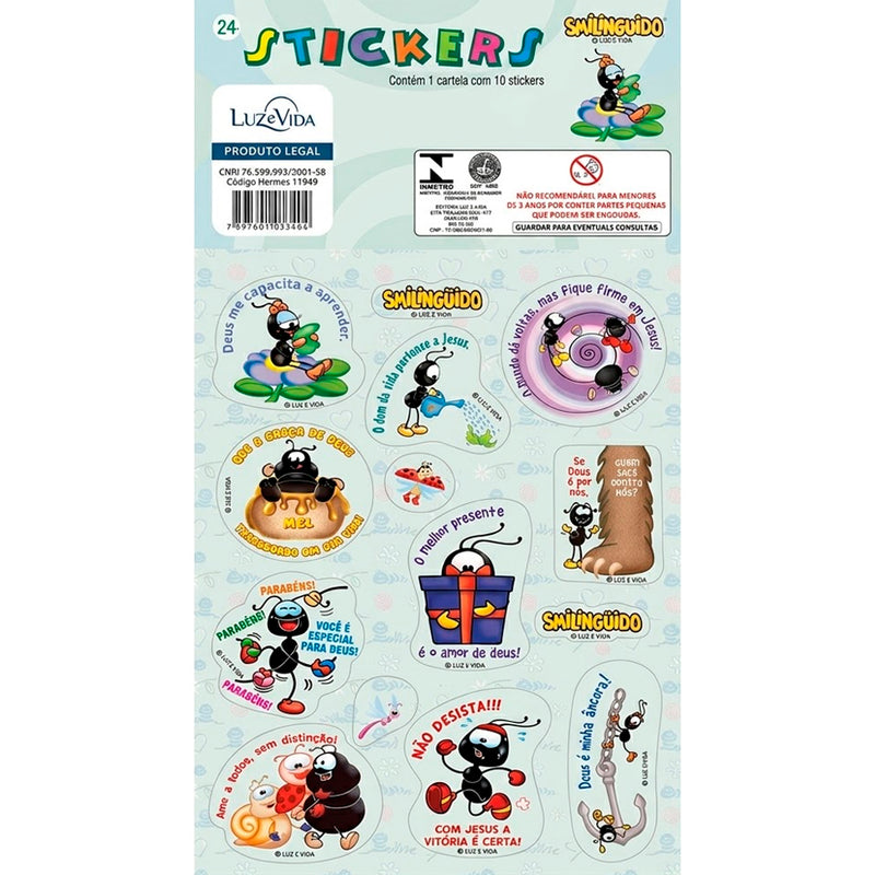 Cartela de adesivos Stickers Smilinguido nº 24, com 10 adesivos de formigas e frases. — Plenitude