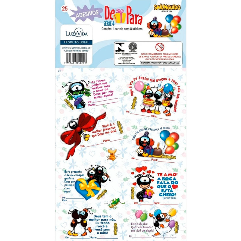 Cartela de adesivos Stickers Smilinguido nº 25, com 8 adesivos de formigas e frases. — Plenitude