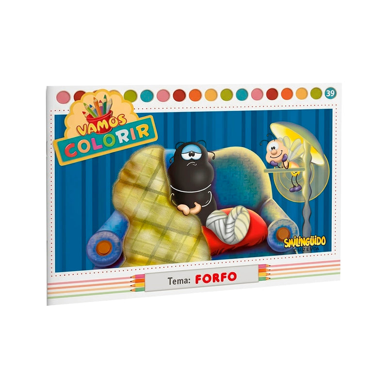 Livro de colorir Smilinguido, tema Forfo, capa com formiga deitada no sofá. — Plenitude