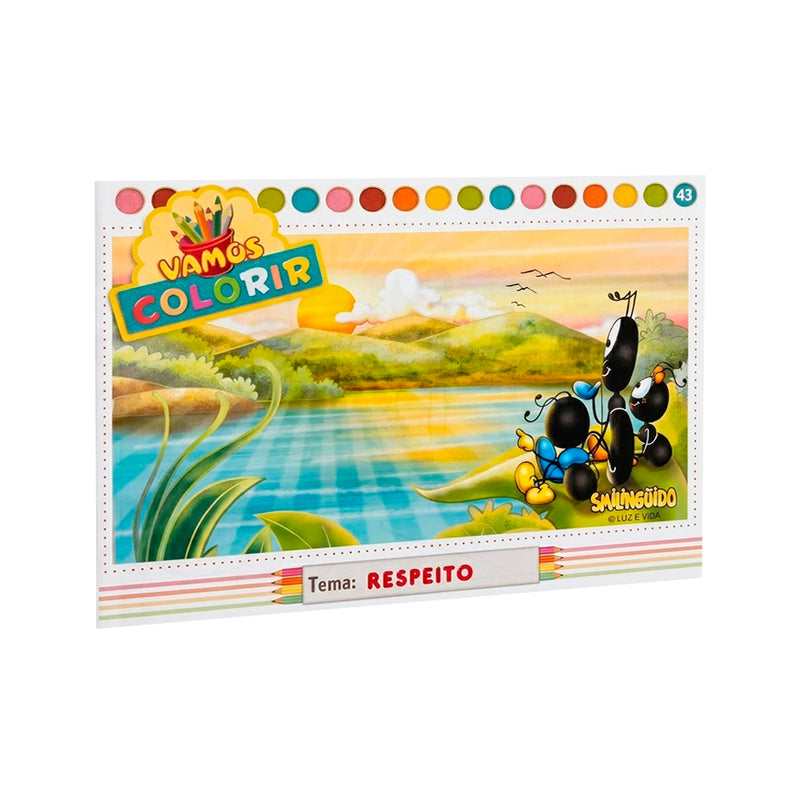 Livro de colorir Smilinguido, tema Respeito, capa com formiga contemplando paisagem. — Plenitude